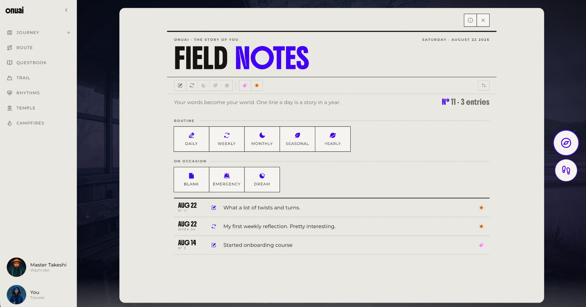 Onuai Field Notes — routine and occasion templates for daily, weekly, monthly, seasonal and yearly reflections