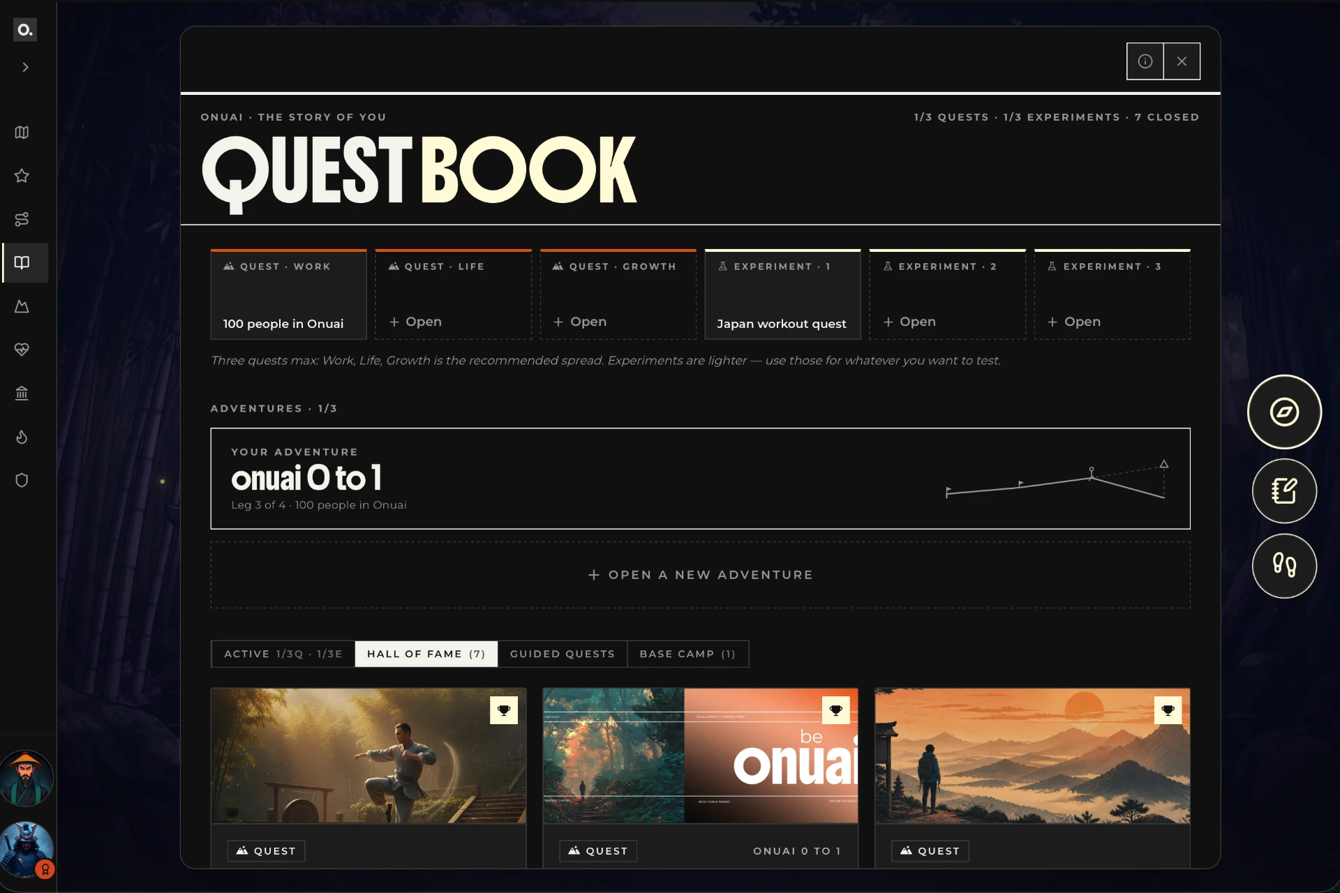 The Onuai Questbook — quest and experiment cards, an active adventure, and a hall of fame row
