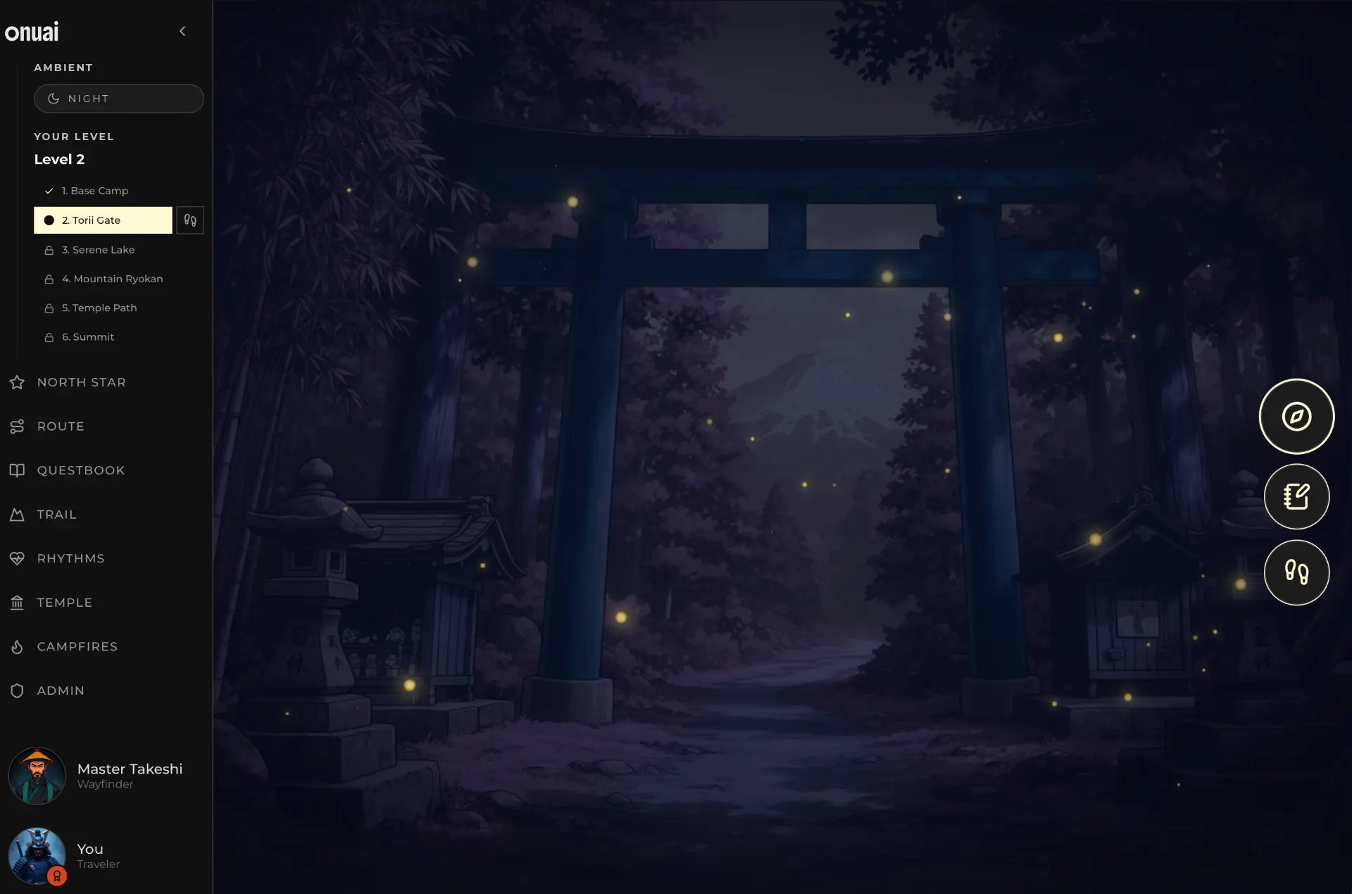 The Onuai world map in night mode — a torii gate on a forest path, with the level trail in the sidebar