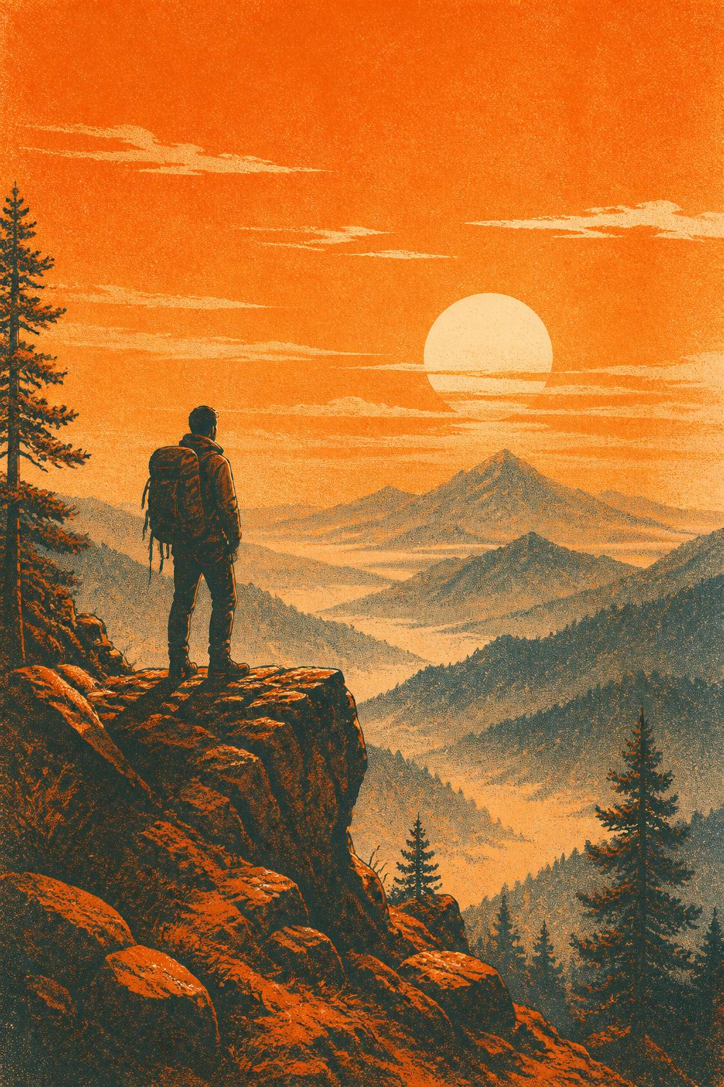 A lone hiker on a ridge looking out over layered mountains at sunrise