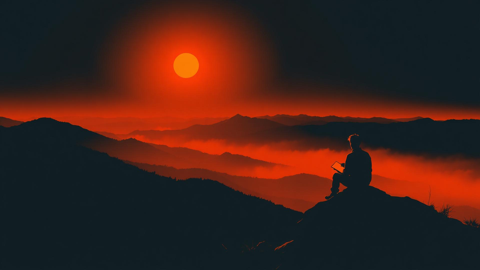 A figure sitting on a mountain ridge at sunrise, writing in a notebook